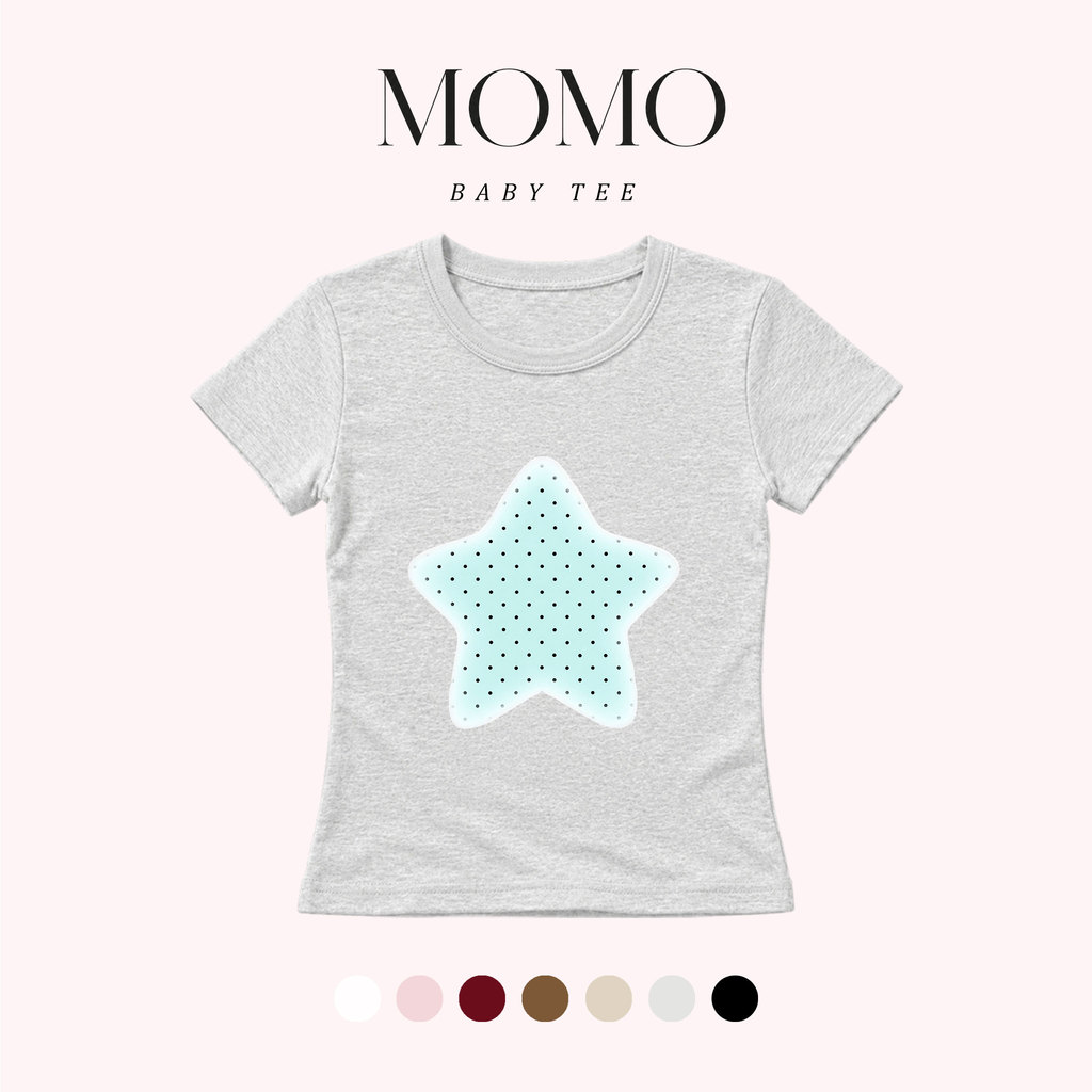 (พร้อมส่ง24ชม.) MOMO เสื้อยืดผู้หญิง Baby Tee ทรงเข้ารูป ลายดาวสีฟ้าลายจุด มินิมอล สไตล์เกาหลี