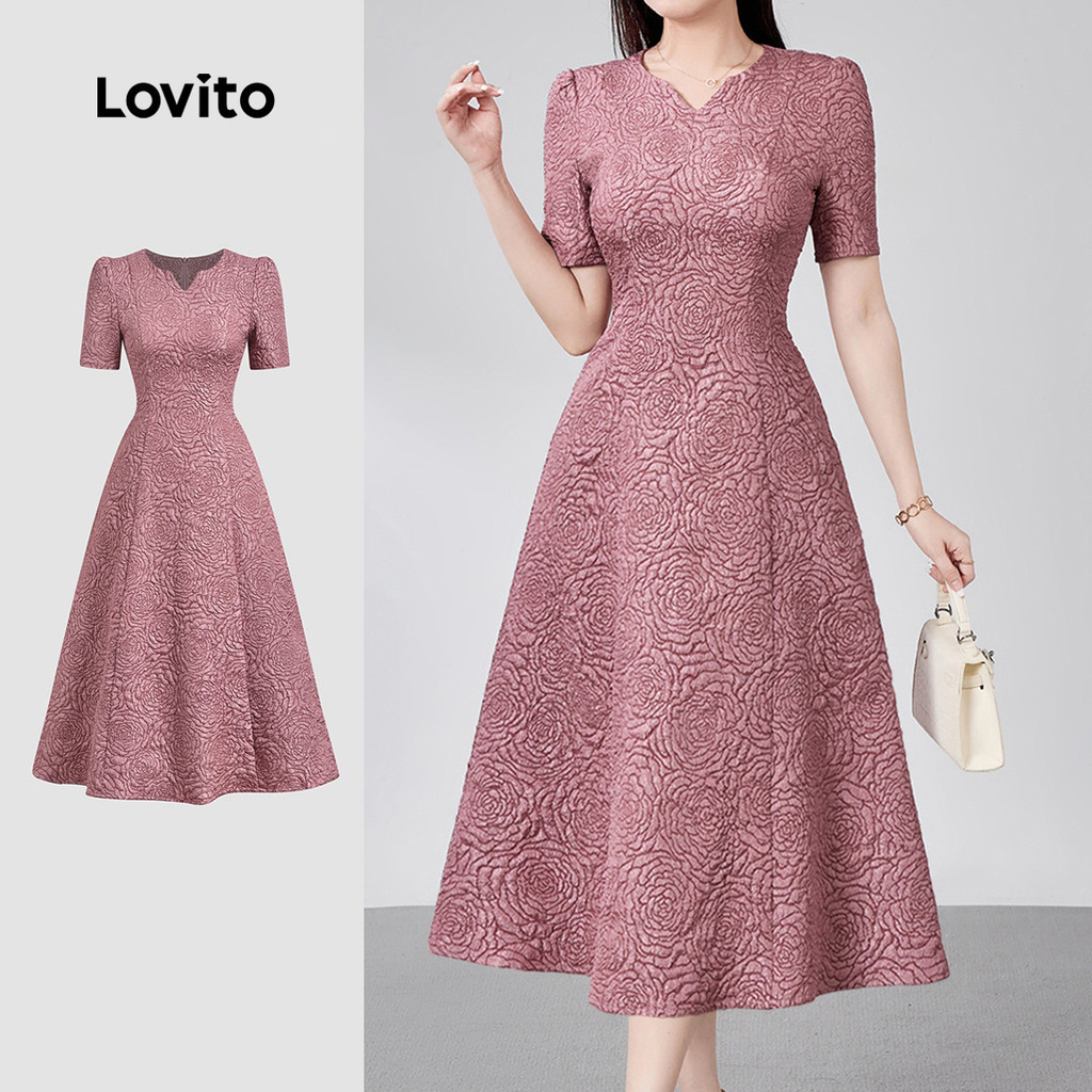 Lovito เดรสสั้นแขนสั้นคอวีผ้าแจ็กการ์ดเนื้อละเอียด ทรงเอไลน์ เอวสูง ความยาวระดับกลาง เหมาะสำหรับฤดูใบไม้ผลิ/ฤดูร้อน สีเทาชมพู สำหรับผู้หญิง LR18E153