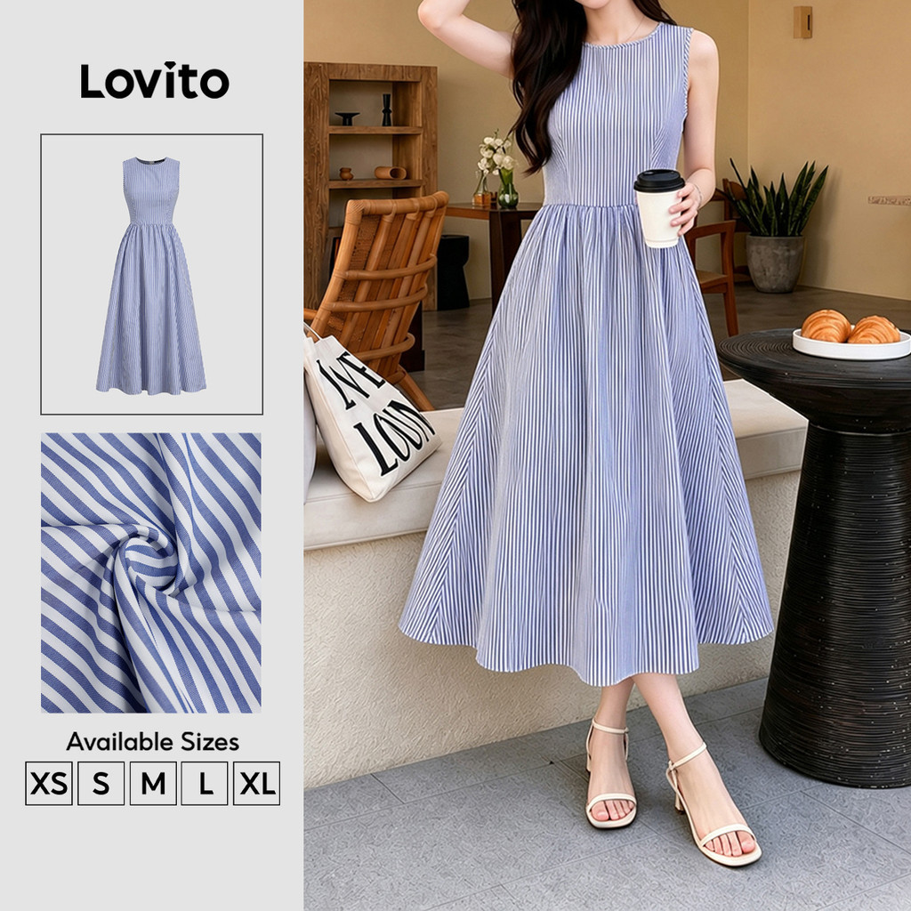 (New Arrival) Lovito ชุดเดรสลําลองแบบพันตัว มีซิปรูด สําหรับฤดูใบไม้ผลิ/ฤดูร้อน สีฟ้า สําหรับผู้หญิง เดรสเที่ยวเขา DRB203TD160
