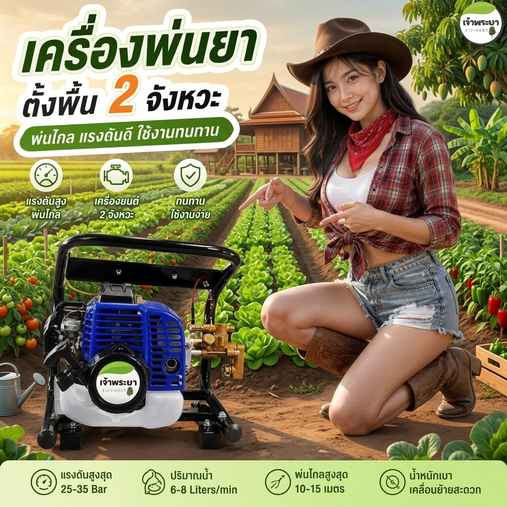 เครื่องพ่นยา ตั้งพื้น 2 จังหวะ 4 แรงม้า ลากสาย ฟรี ด้ามพ่น พร้อมใช้ ลากสายได้ถึง 150 เมตร ส่งไกล 10 เมตร สูง 10 เมตร