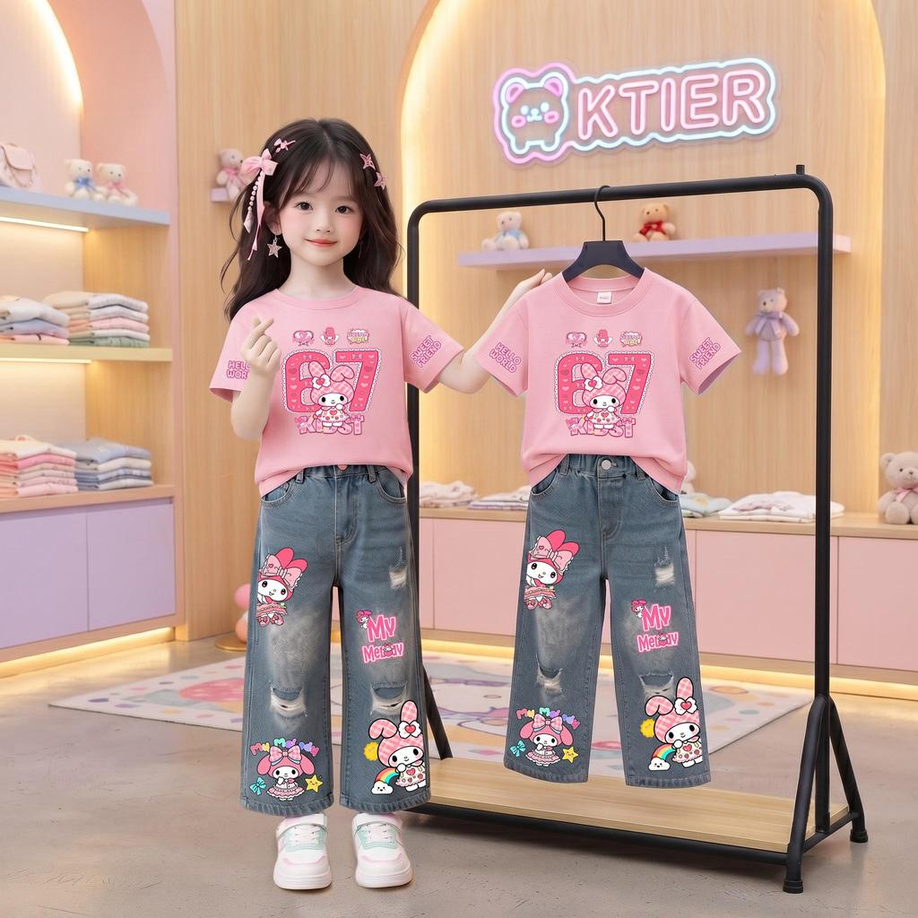 ชุดเซ็ทเด็กผู้หญิง ลายการ์ตูน67 งาน2ชิ้น เสื้อ*กางเกงยีนส์