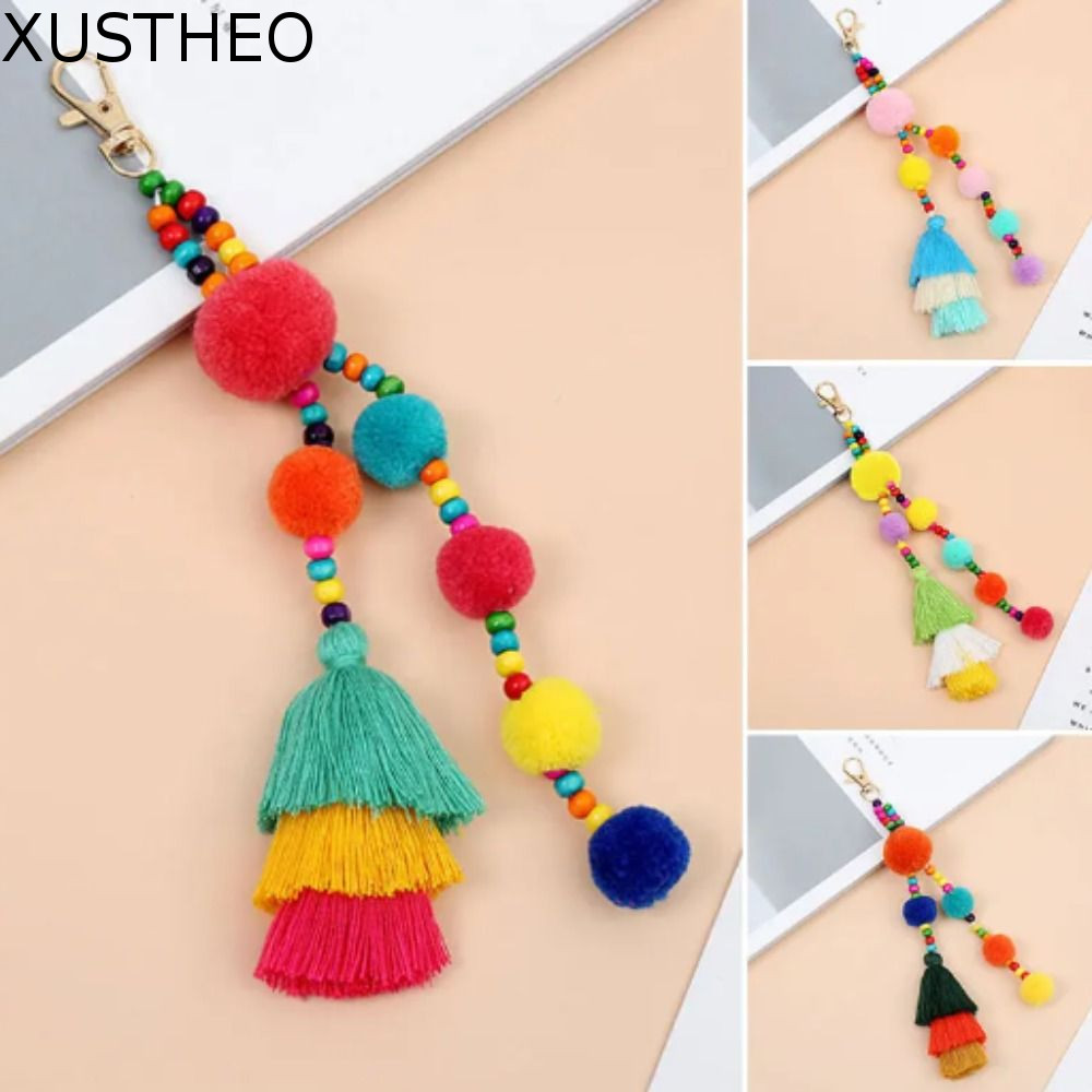 XUSTHEO Boho สไตล์ผม Ball พู่พวงกุญแจ, Pom Pom Boho สไตล์ Boho พวงกุญแจ, Boho เครื่องประดับ Handmade