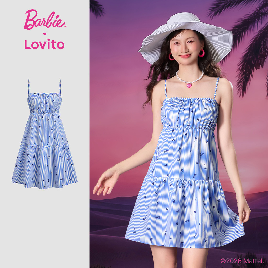 Barbie™ X Lovito ชุดเดรสสีน้ำเงินผู้หญิง ฤดูใบไม้ผลิ/ร้อน ทรงเอสั้น มีรอยย่นและไหล่เปิด เกาหลี อินเทรนด์ LBL5AD013