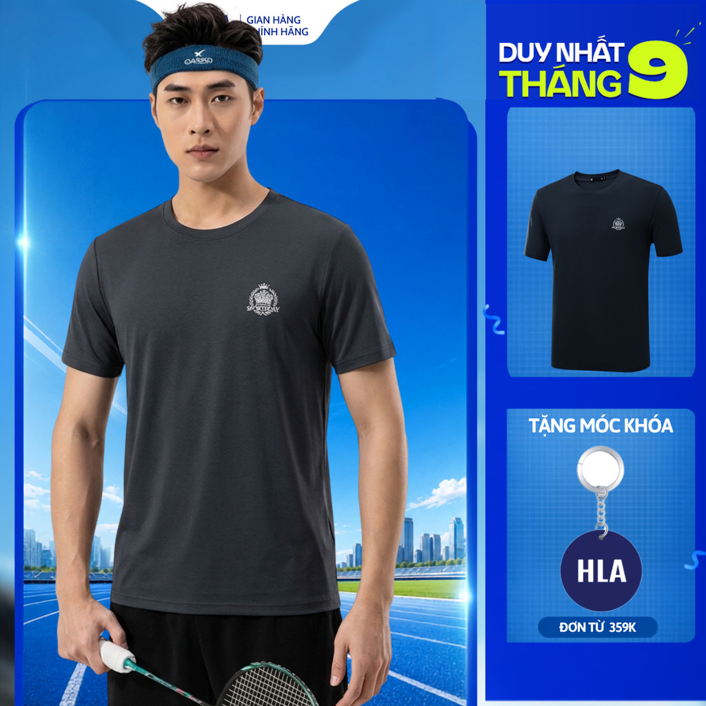 HLA เสื้อยืดแขนสั้นผู้ชาย-เสื้อเชิ้ตผ้าคอตตอนทําจากระบายอากาศเนื้อนุ่มปักโลโก้ประณีต