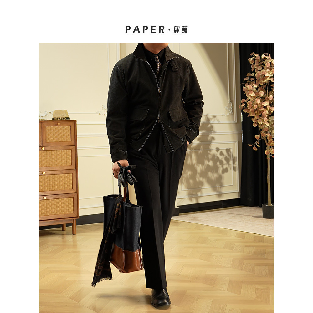 [Black Corduroy Bomber Jacket] Retro American A2 Lapel Short Outline Jacket Wear-Resistant Mens Top