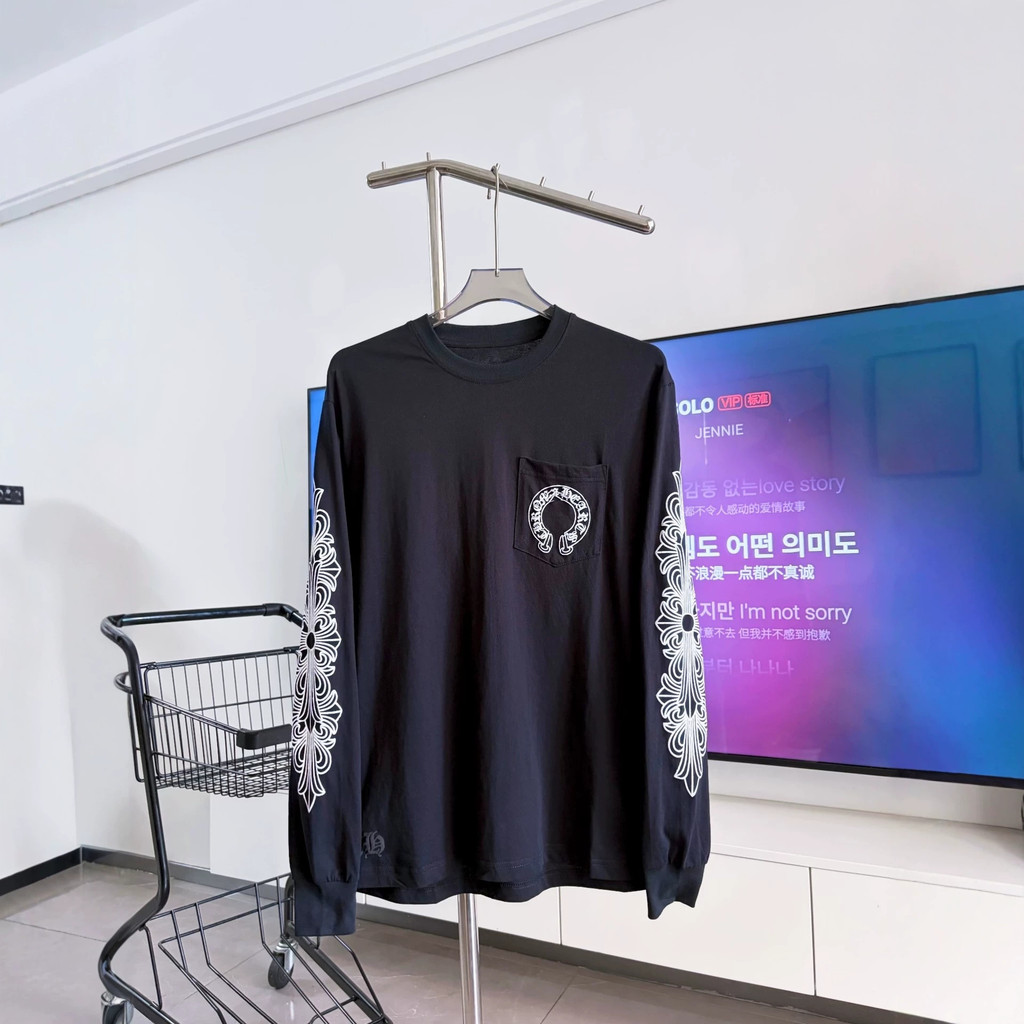 R RPM0 Chrome Hearts Cotton Pocket Horseshoe Vine เสื้อยืดแขนยาวสไตล์คู่รัก