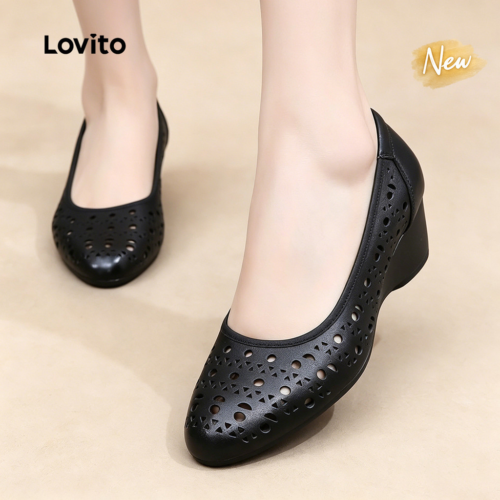 (New Arrival) Lovito รองเท้าส้นสูงสีดำสำหรับผู้หญิง ดีไซน์หรูหรา เหมาะสำหรับใส่ทำงาน ทรงคลาสสิก สวมใส่สบายเหมือนเมฆ ส่วนบนกลวง สวมใส่สบายและใช้งานได้หลากหลาย HEFB124FX019