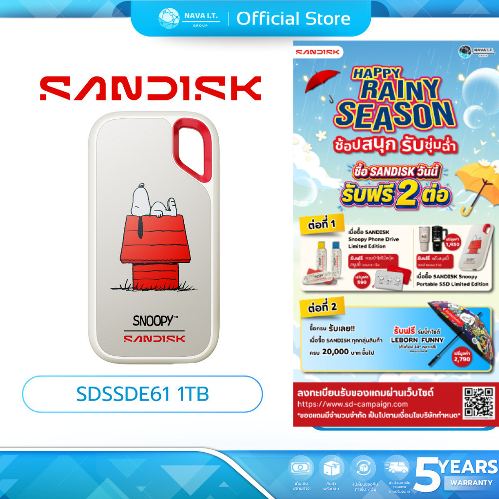 SANDISK PORTABLE SSD 1TB (เอสเอสดีพกพา) Limited Edition SNOOPY SDSSDE61-1T00-AP