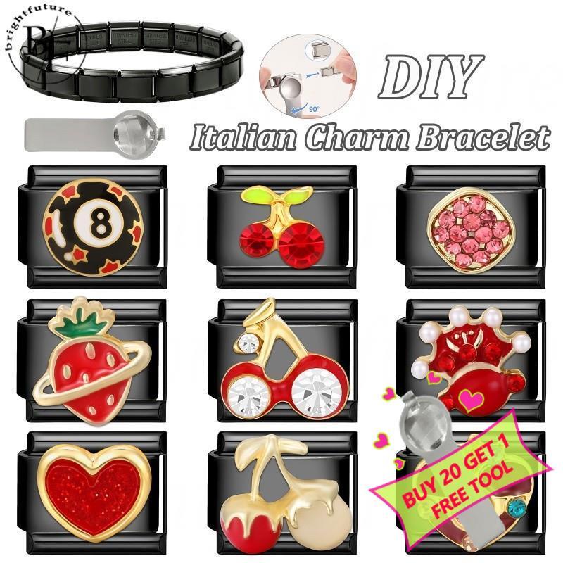 สร้อยข้อมือสแตนเลสสีดำและแดง เชอร์รี่อิตาเลียน charm ขนาด 9 มม. สำหรับทำเอง เหมาะสมกับสไตล์เรโทร