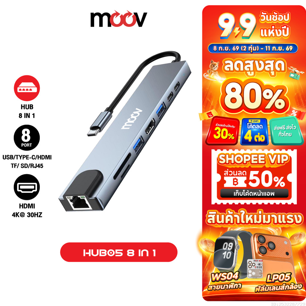 [ส่งไว] Moov HUB05 USB Hub Type C ฮับ 8 in 1 OTG PC Laptop USB Type C HDMI 4K TF SD RJ45 Card Reader
