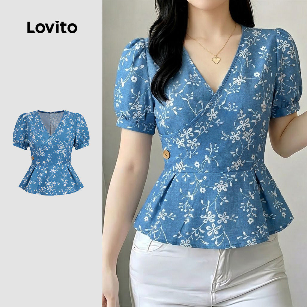 Lovito เสื้อเบลาส์ผู้หญิง สีเขียวเทอควอยซ์ แต่งระบายชาย กระดุมหน้า สไตล์หรูหรา เหมาะสําหรับฤดูใบไม้ผลิ/ฤดูร้อน BLB198P1D276