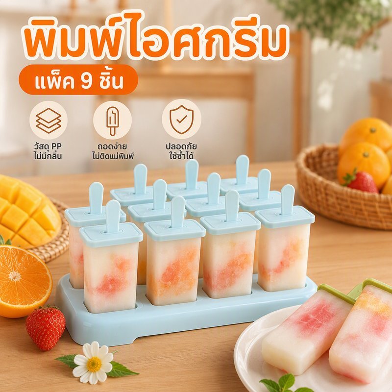 【พิมพ์ไอศกรีม】แม่พิมพ์ทำไอศกรีม สำหรับทำกินเองที่บ้าน ทำได้ครั้งละ 9 แท่ง กันน้ำรั่ว ล้างง่าย