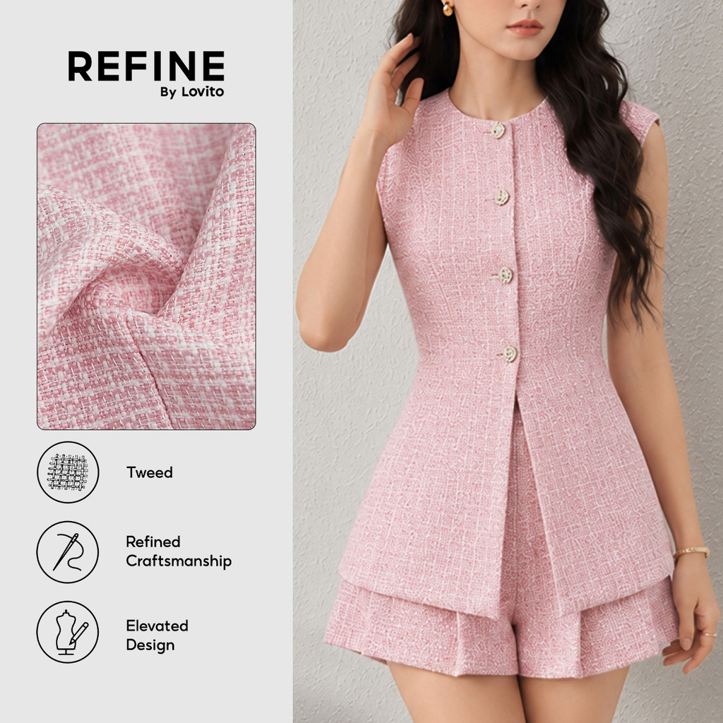 (Refine by Lovito) เสื้อกั๊กสีชมพู Jacquard มีกระดุม สไตล์หรูหรา ไม่มีกระเป๋า สําหรับผู้หญิง ฤดูใบไม้ผลิ/ฤดูร้อน ทำงาน LR35E033