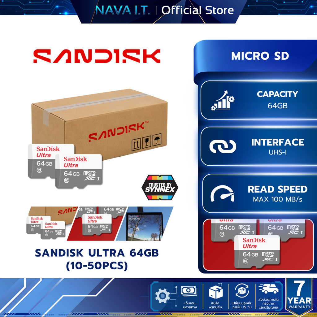 SANDISK MICRO SD (ไมโครเอสดีการ์ด) ULTRA 64GB BIG PACKS 10-50pcs (SDSQUNR) WARRANTY 7 YEARS