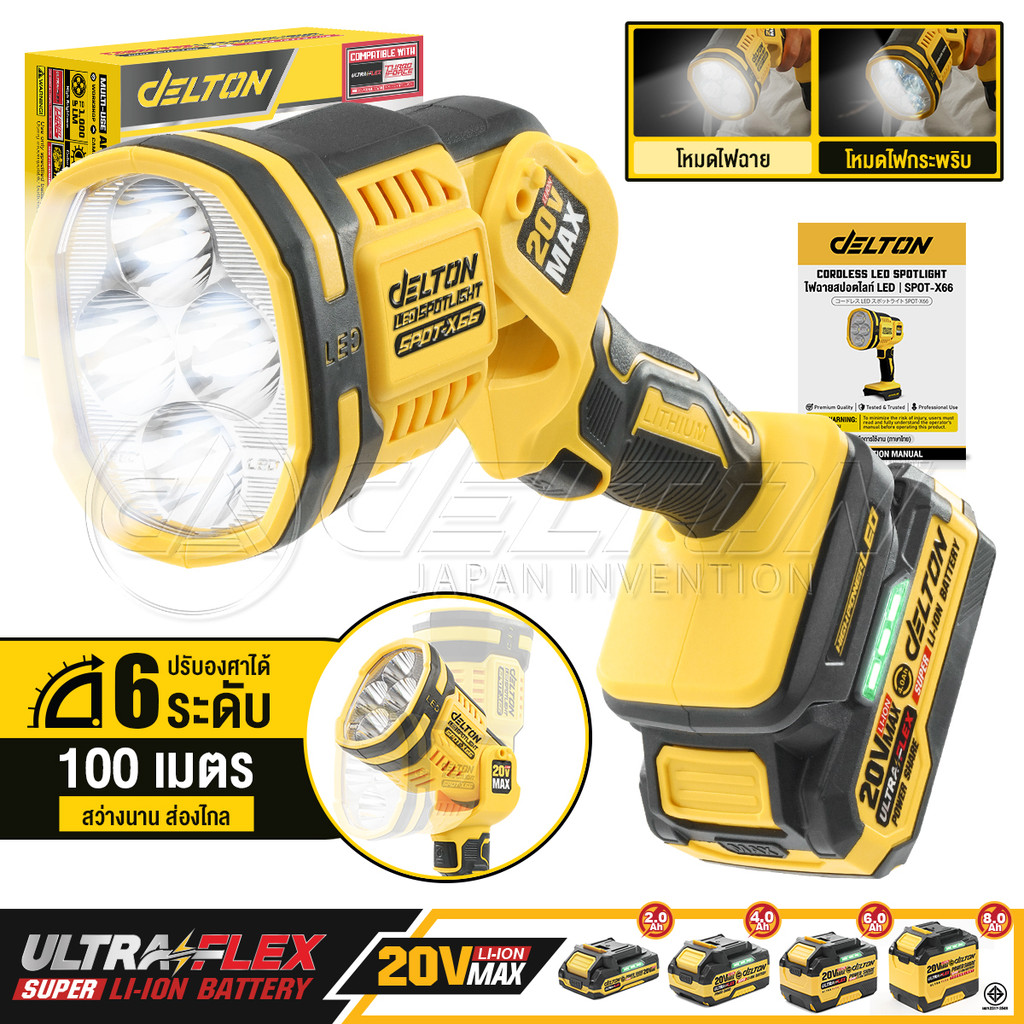 DELTON ไฟฉายไร้สาย สปอตไลท์ LED 20V 1,000LM รุ่น SPOT-X66 ใช้งานร่วมกับ แบตเตอรี่ เดลตัน UltraFlex และ TURBO FORCE
