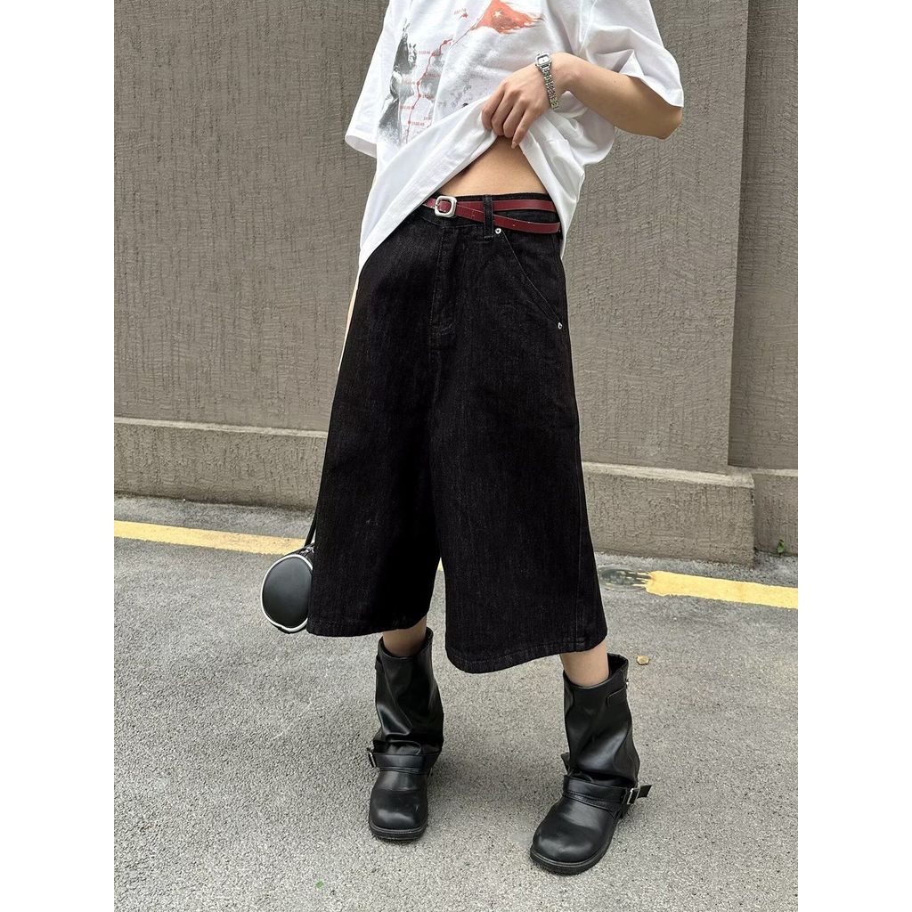 American High Street Denim Original Cow Black Overalls Denim Cropped กางเกงผู้หญิง All-Match หลวมกว้