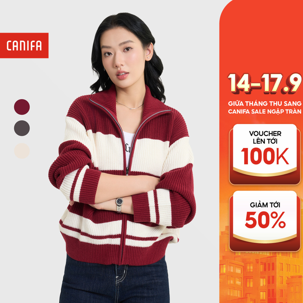 CANIFA เสื้อคลุมไหมพรมผู้หญิงแขนยาวและคอปกเปิดลง 6OT25C003