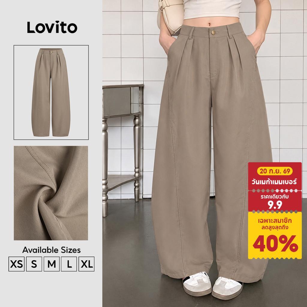 Lovito กางเกงลําลองผู้หญิง ทรงตรง มีโครงสร้าง พร้อมกระดุม สําหรับฤดูใบไม้ผลิและฤดูร้อน สีคากี ประจำวัน เกาหลี อินเทรนด์ PTK8TD206