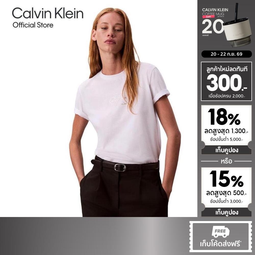 CALVIN KLEIN เสื้อยืดคอกลมผู้หญิง Glossy Metallic Logo T-shirt ทรง Regular รุ่น 47D873G YAA-สีขาว