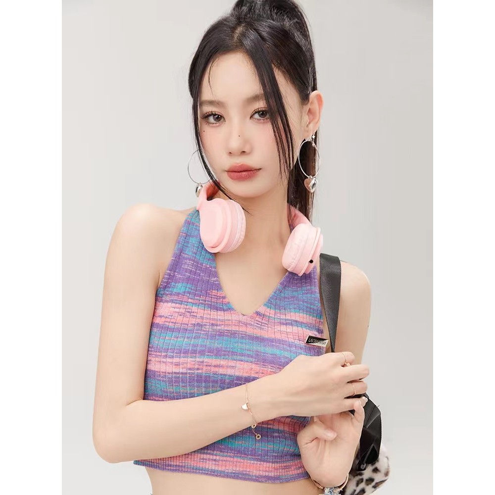 สาวร้อน Halter กลับเอว Laced-Up V คอหวาน Cool ถัก Halter Stripes สลิงถักผ้าฤดูร้อน XICK Mink Me 7QXH