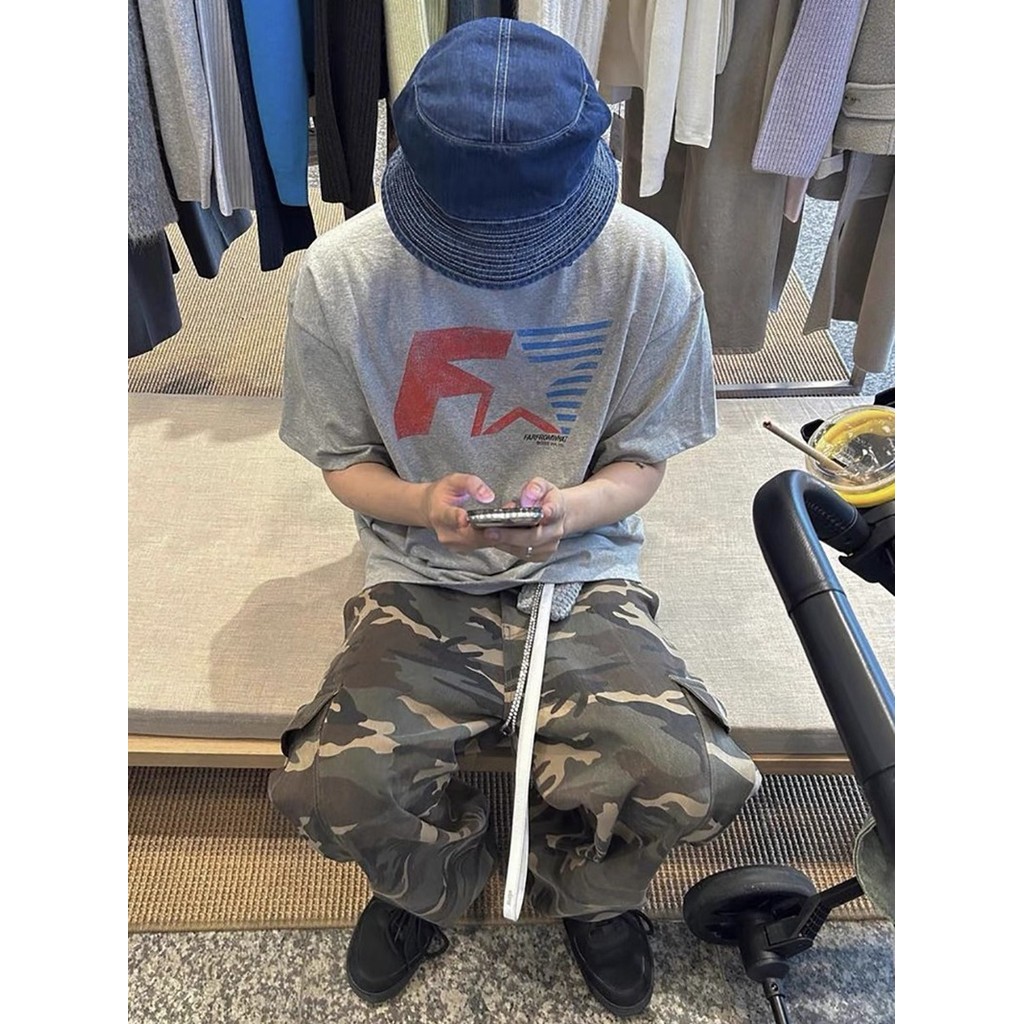 New Far Five-pointed Star Print Racing Style vibe Washed distressed loose casual gray short sleeve T