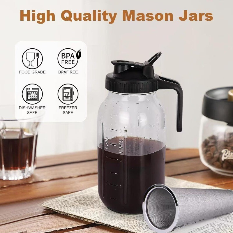 64oz Cold Brew Coffee Machine Jar แก้ว Mason Jar Pitcher พร้อมกรองกาแฟและจับ Cold Brew Iced Coffee M