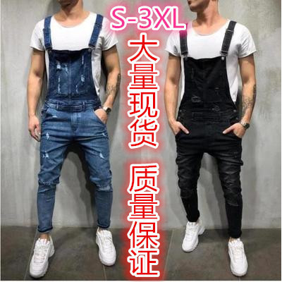 กางเกงโอเวอร์อล DENIM สไตล์ยุโรปอเมริกันแบบหลวม มีsuspenders และฟังก์ชั่นtear-off สำหรับผู้ชาย