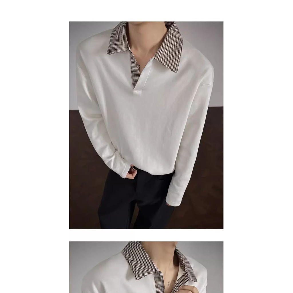 Old Money สไตล์แขนยาวเสื้อยืดผู้ชาย ฤดูใบไม้ร่วง American CleanFit Houndstooth Polo Shirt