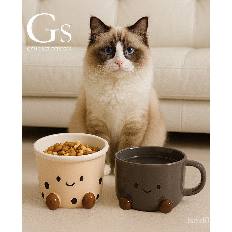 Creative Cat Bowl เซรามิคสูงชามคู่ปกป้องกระดูกสันหลังส่วนคอ Anti-Overturning ขนาดใหญ่เส้นผ่านศูนย์กล