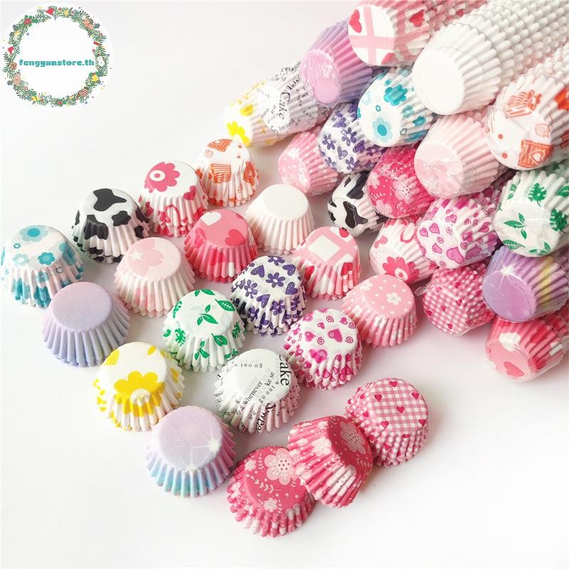 YUNSTORE 2.5 ซม.Colourful Patterned Baking Cake Tray 500pcs Round Paper Cupcake Cases Set TH