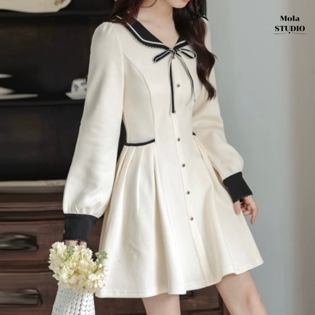 💞พร้อมจัดส่ง👗เดรสคอปก ตกแต่งด้วย เชือกที่ผูกเป็นโบว์เพิ่มความน่ารักในวันธรรมดา เนื้อผ้าเบา โปร่ง เหมาะกับอากาศร้อน🤩