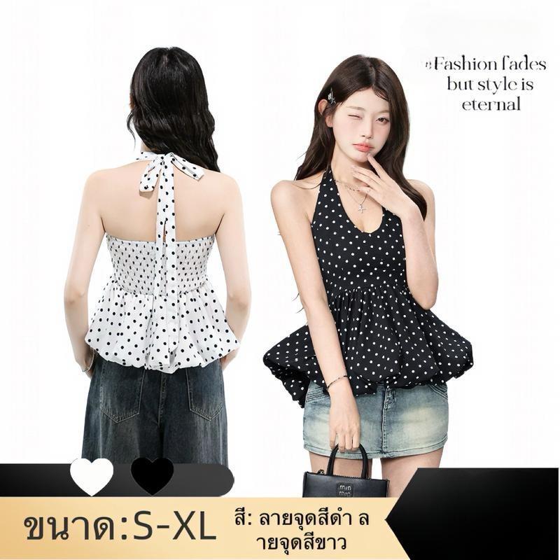 เสื้อเชิ้ตลายจุดสีขาวและดำสำหรับผู้หญิงปี 2025 แบบใหม่ ด้านหลังจีบ แขนโคมไฟ และซับใน