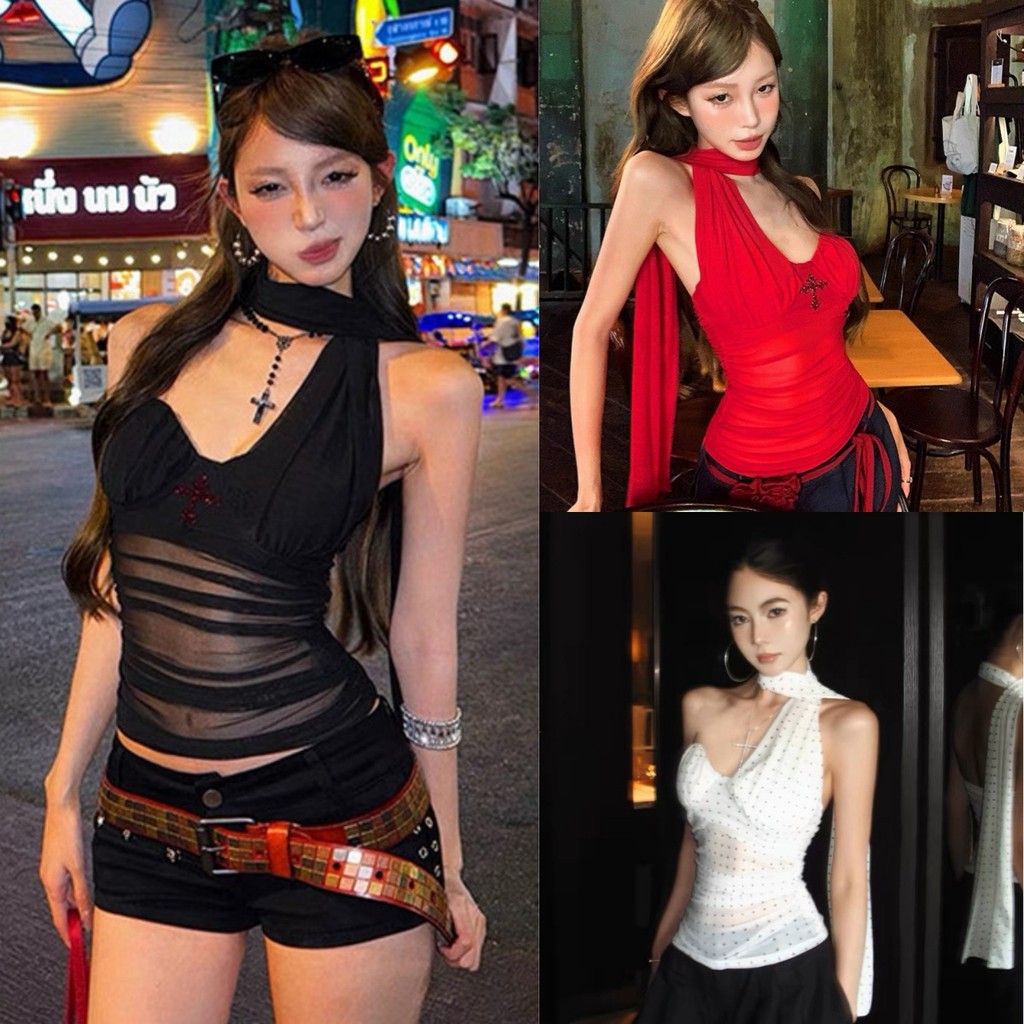Trendie-เสื้อกล้าม ดีเทลเพิ่มสายคล้องคอ ลายจุด ลานเท่ผ้าซีทรู เข้ารูป เสื้อแขนกุด สีพื้น สไตล์เกาหลี
