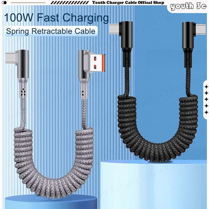 Universal Coiled USB C ถึง Type C สายชาร์จโทรศัพท์ 90 องศาข้อศอก 100W Fast CHARGING ฤดูใบไม้ผลิ Retractable Charger สายไฟอะแดปเตอร์ข้อมูล