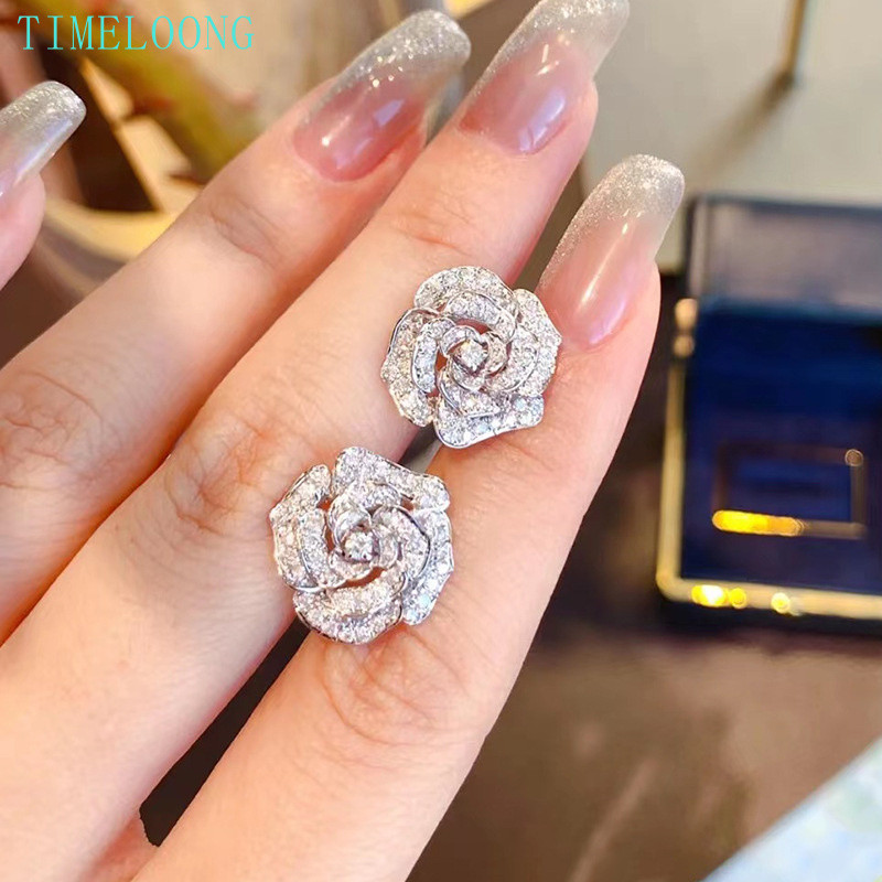 ต่างหู Camellia Studs จากเงินสเตอร์ลิง 925 เพชรสังเคราะห์แซปไฟร์ เครื่องประดับสำหรับผู้หญิงและเป็นของขวัญที่สวยงาม
