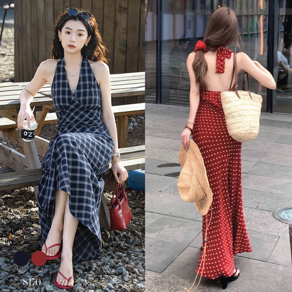 เดรสยาว ผูกคอ ลายจุด แดงขาว สม็อคหลัง ผ้าสเปนเด็กซ์ เนื้อพริ้ว ชุดออกเดท เที่ยวคาเฟ่ เซ็กซี่ #8170