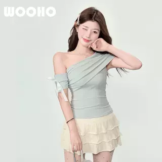 WOOHO.เสื้อครอปฟิตติ้งแขนสั้น ไหล่เอไม่สมมาตร เหมาะกับออกงาน ปีใหม่ วาเลนไทน์ ลุคเดทสุดปัง มัลติฟังก์ชั่นใส่ได้หลายโอกาส