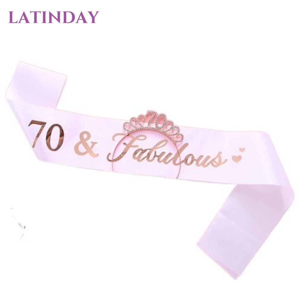 LATINDAY 70th Birthday Sash Supplies Women Scarf Crystal Crown