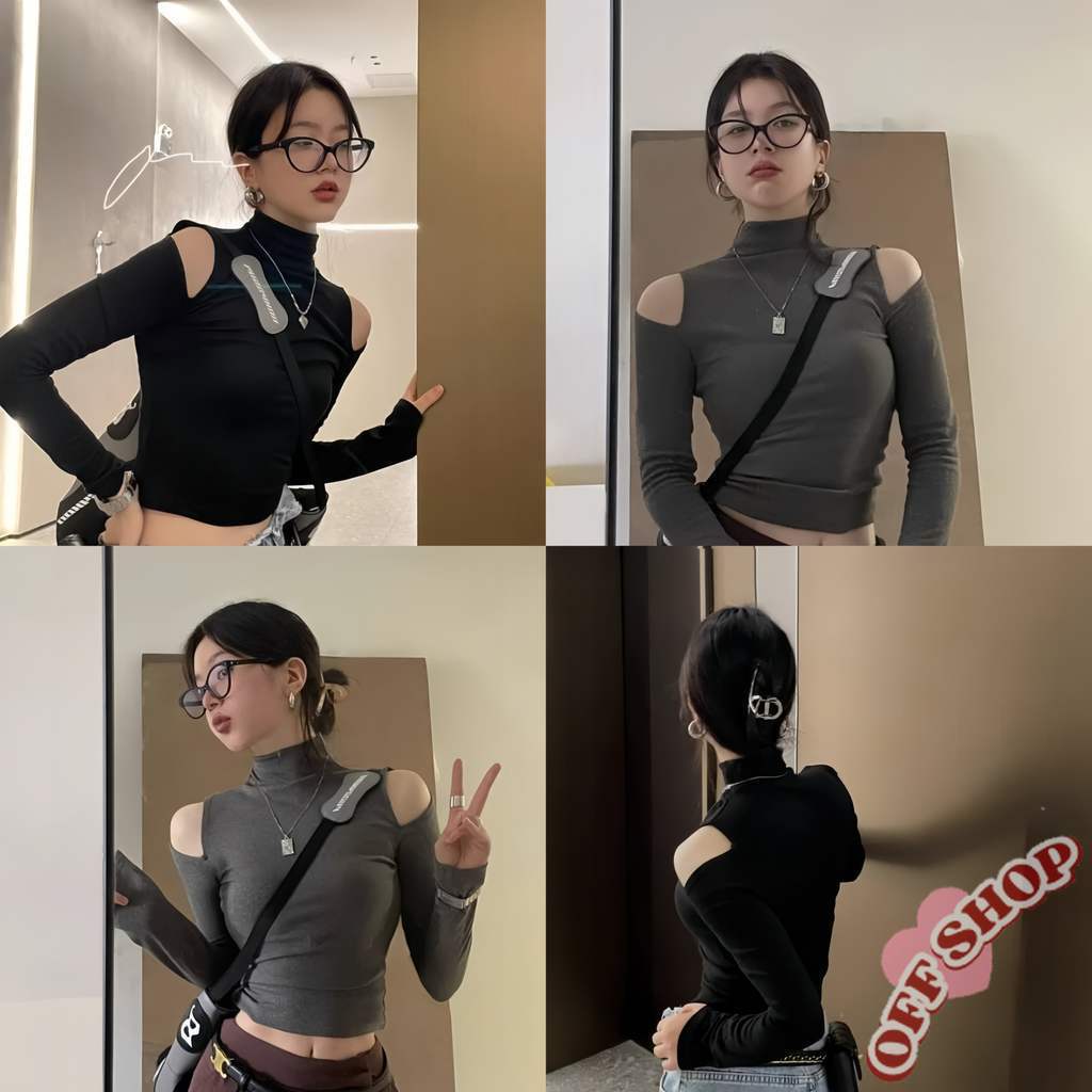 OFF SHOP 🥻ใหม่ 2025 เสื้อแขนยาว คอเต่า ดีเทลเปืดไหล่ ผ้ายืดพอดีตัว ใส่สบายมาก ทันสมัย' FY412 สีดำ มี
