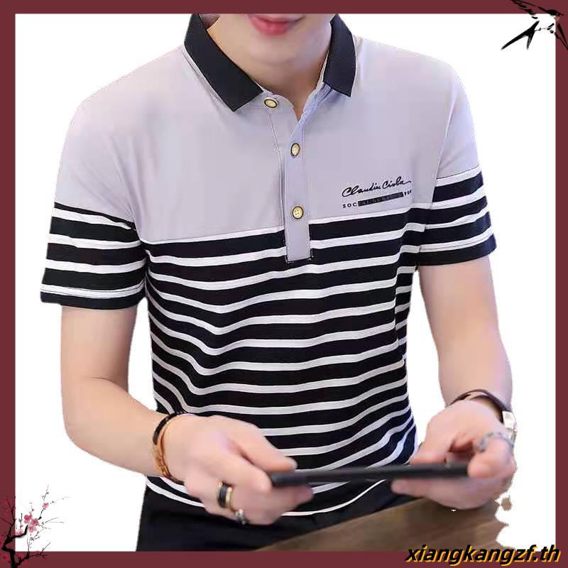 เสื้อโปโลแขนสั้นลําลอง คอปก ลายทาง สไตล์เกาหลี สําหรับผู้ชาย SLC124