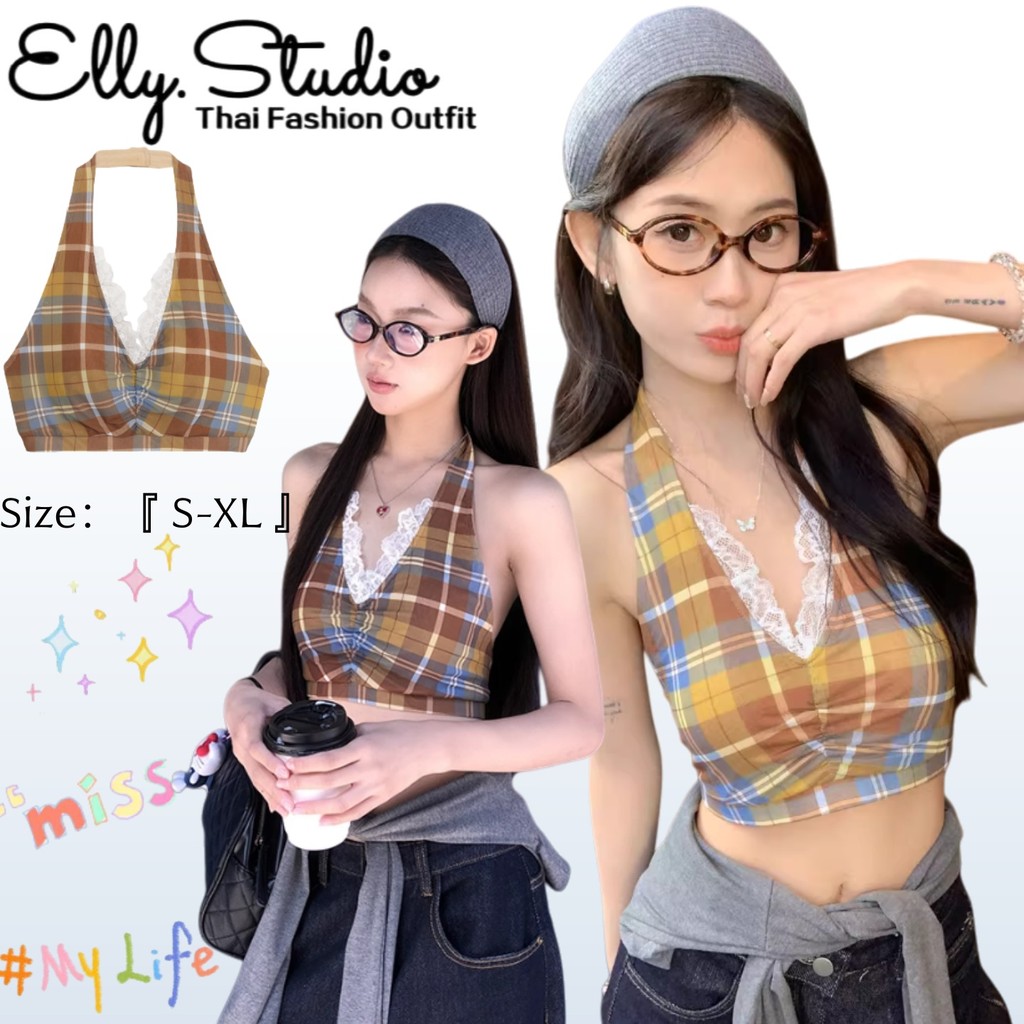 Elly พร้อมส่ง🍑เสื้อคล้องคอแต่งลูกไม้🥑คอวี โชว์หลัง ลายสก๊อต เสื้อครอปแขนกุด ทรงครึ่งตัว ชุดไปทะเล เซ็กซี่แฟชั่นผู้หญิ