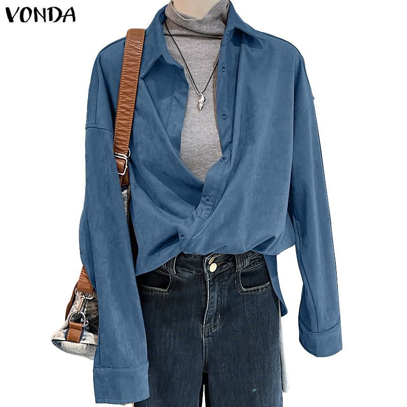 VONDA เสื้อเชิ้ตแขนยาวสไตล์เกาหลี สำหรับผู้หญิง ดีไซน์หลวมๆ คอปก ผลิตจากผ้าหนังนิ่ม