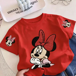 Pebbi Baby เสื้อยืดเด็กฤดูร้อนรุ่นใหม่ ลายปักมินนี่เมาส์ Minnie Mouse ดิสนีย์ ผ้าฝ้ายแท้100% นุ่มสบาย เสื้อแขนสั้นเด็กผู