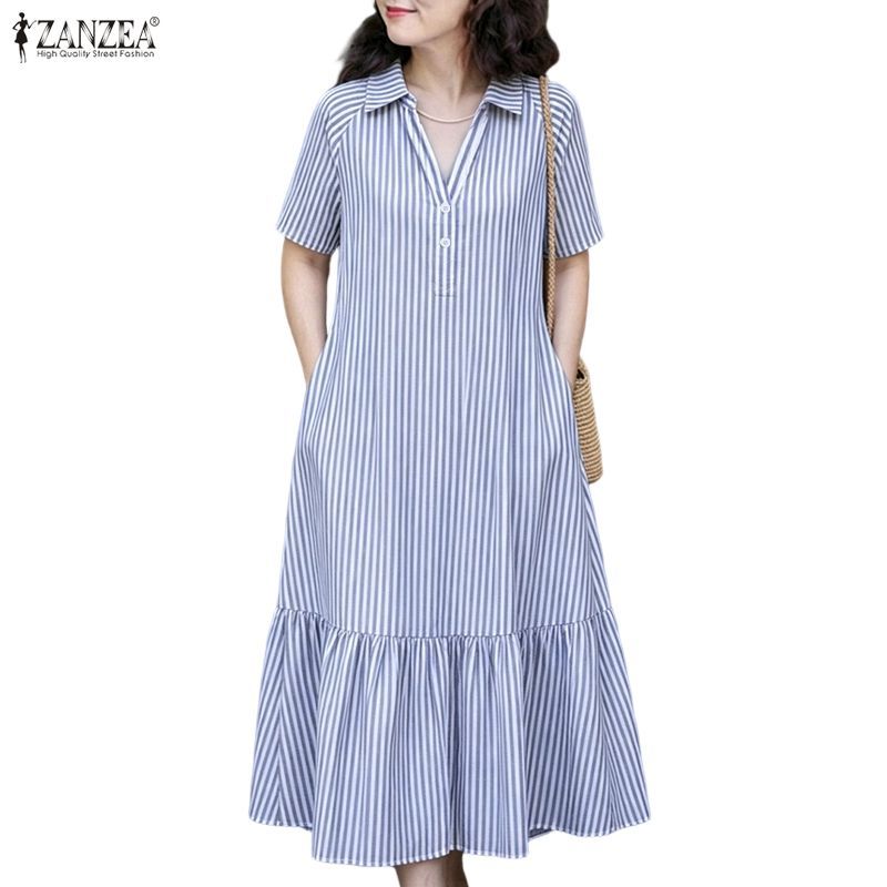 ZANZEA ผู้หญิงเกาหลีชุดลําลองแขนสั้นครึ่งกระดุม Ruffles Hem A-Line ชุดเดรสลายทาง — صورة 6