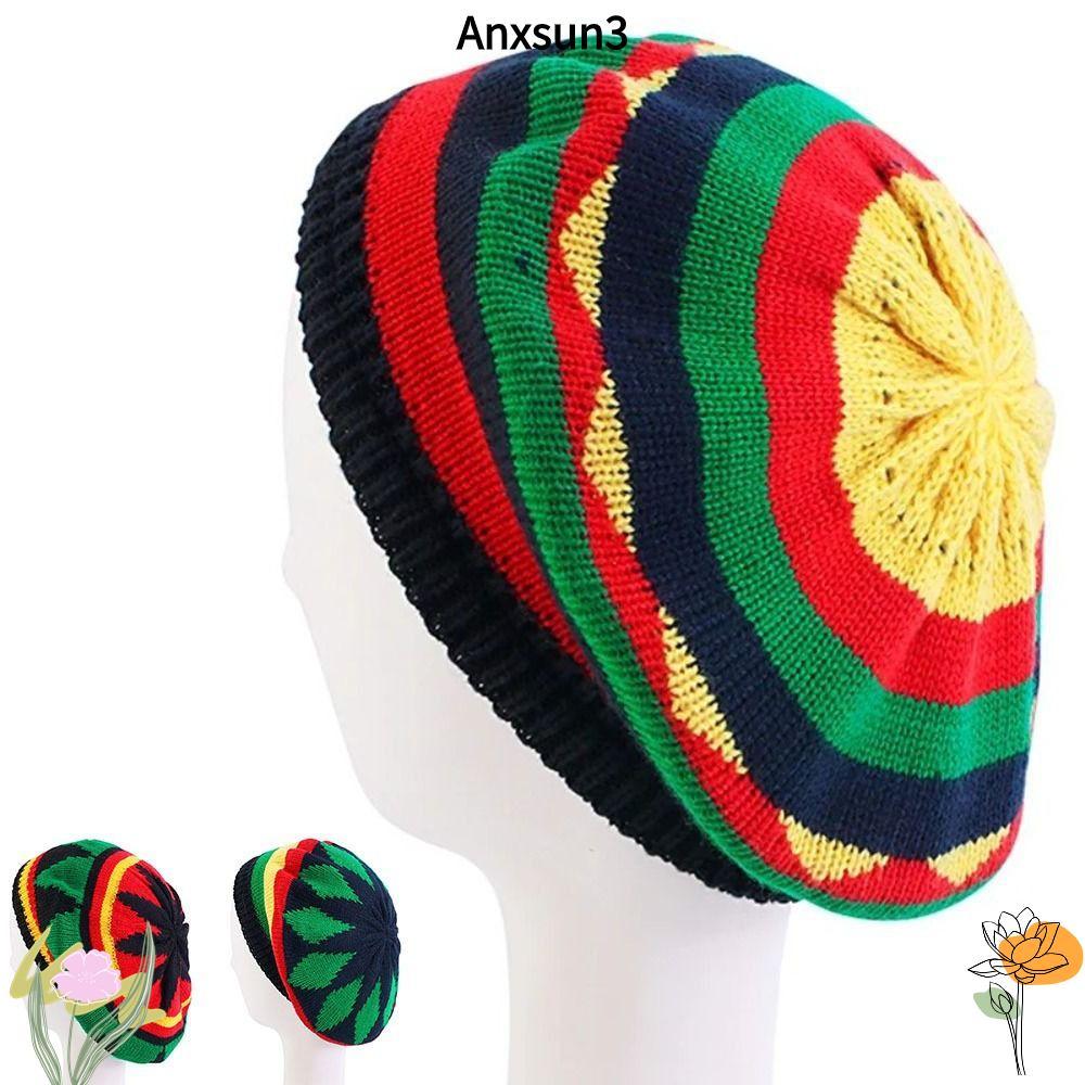 ANXSUN3 หมวกถักนิตติ้งหลวม, ขนสัตว์อบอุ่นถักหมวกสายรุ้ง, Jamakan Reggae Soft Ladies Bonnet