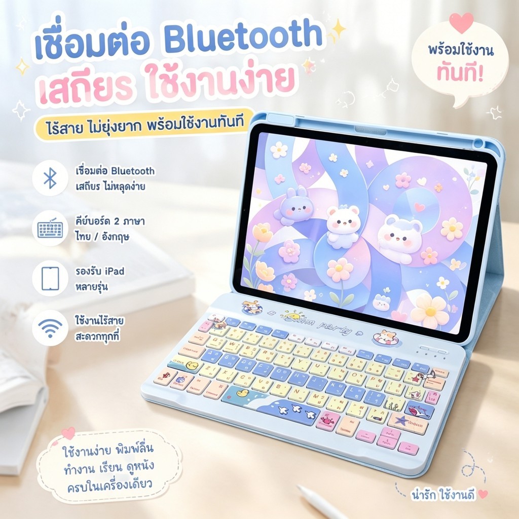 (ไทย+อังกฤษ)เคสคีย์บอร์ด หมุนได้360องศา for Samsung Tab S11, S10lite, S9 FE, A9+, A11+, S9+ S6 Lite พกพาง่าย ลายน่ารัก