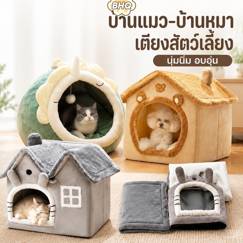 BHQ ที่นอนแมว Semi Enclosed Pet House Soft Warm Arctic Plush Anti Slip ล้างทําความสะอาดได้เบาะที่ถอดออกได้