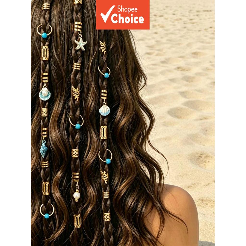 Boho Beach Braid Charm ชุด – 50 ชิ้นเปลือกหอย Star ลูกปัดแหวนผมเทศกาลวันหยุด Braiding อุปกรณ์เสริมสําหรับผู้หญิง