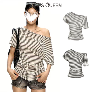 MOSESQUEEN ตะไคร่น้ํา เสื้อยืดแขนสั้นลายทางหลากสีไหล่เฉียงฤดูร้อนผ่อนคลายจีบเข้ารูปเอวกระชับสัดส่วนและเปิดไหล่ด้านบนสําหรับผู้หญิง #63896