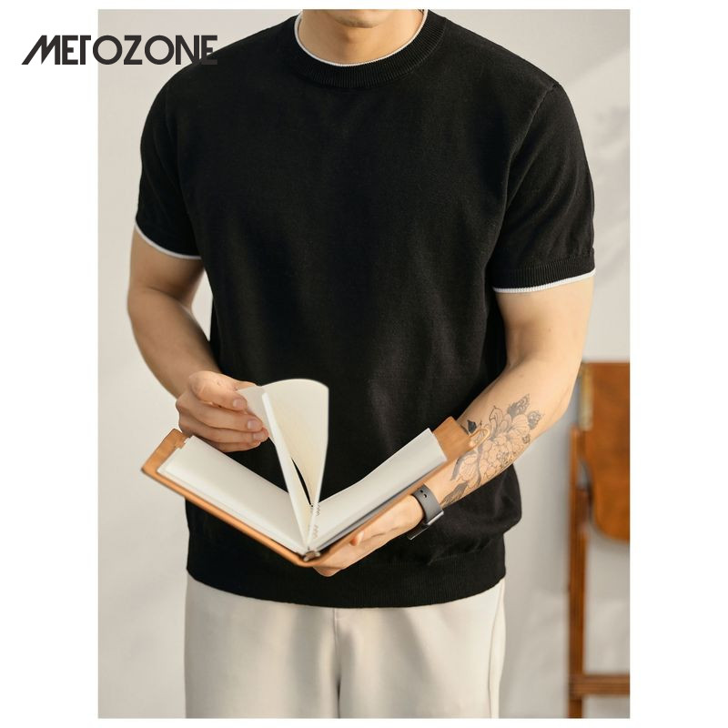 MeTozone เสื้อยืดแขนสั้นผู้ชาย Old Money Style round Neck Top
